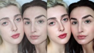 Before and after example of frequency separation showing professional skin retouching techniques for natural portrait editing.
