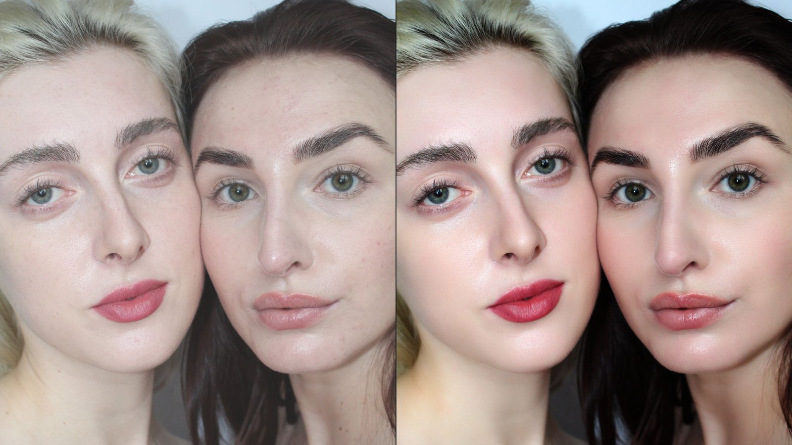 Before and after example of frequency separation showing professional skin retouching techniques for natural portrait editing.